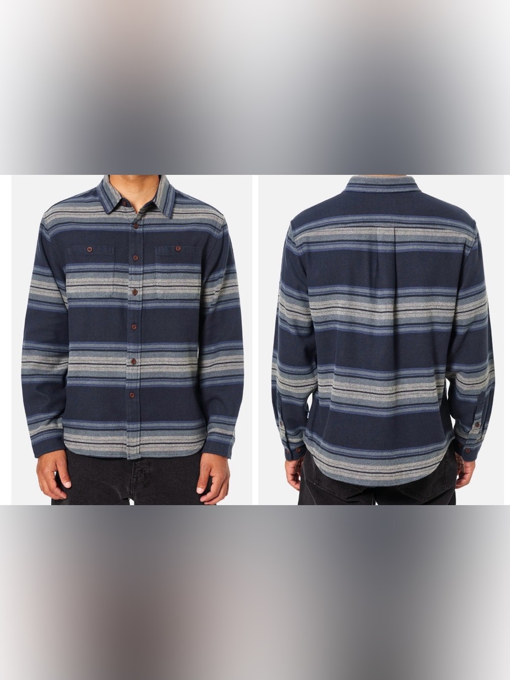 Men’s Katin Navy Blue Gray Striped 100% Cotton Sierra Flannel Button Down Large